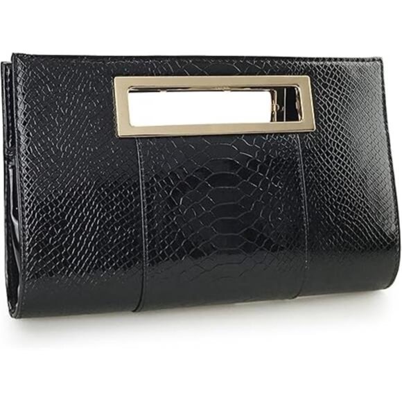 Classic Crocodile Pattern Faux Leather Metal Grip Cut it out Clutch with Chain - Picture 8 of 8